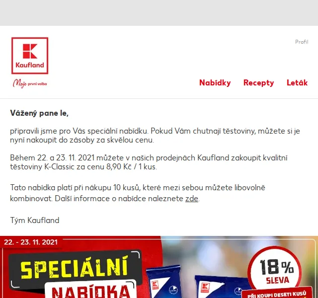 Kaufland: Těstoviny K-Classic za 8,90 Kč – červen 2026 | Nuslet.cz