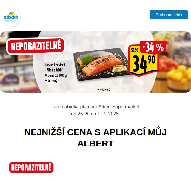 Albert: Vepřová kýta 79,90 Kč/kg, Brambory 16,90 Kč – červen 2025 | Nuslet.cz