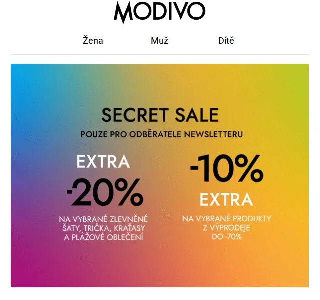 Modivo: SECRET SALE extra do -20 % – červen 2026 | Nuslet.cz