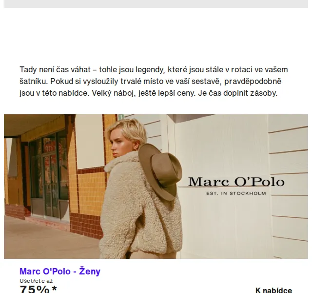 Lounge by Zalando: Marc O'Polo, Karl Lagerfeld až -75 % – duben 2026