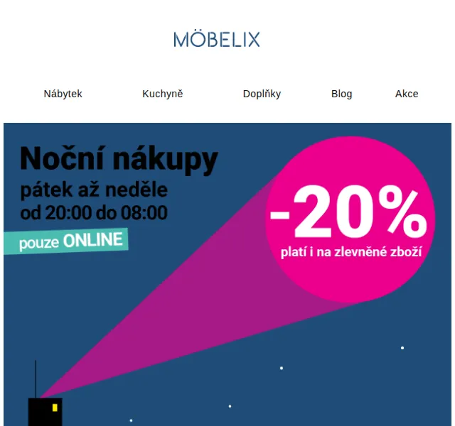 Möbelix: Noční sleva 20 % na celý sortiment – červen 2026 | Nuslet.cz