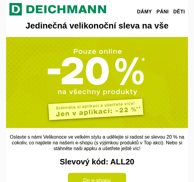 DEICHMANN: Velikonoční sleva 20 % na vše – červen 2026 | Nuslet.cz