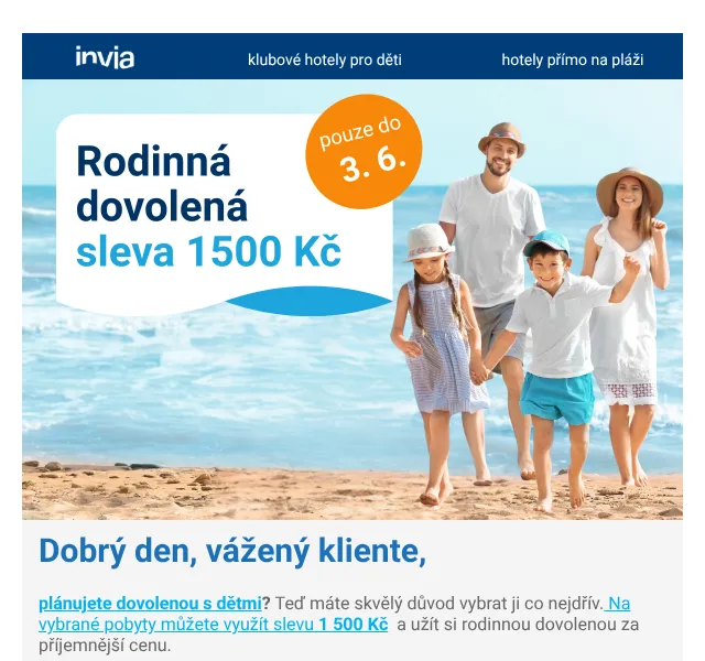 Invia | léto 2026: Rodinná dovolená levněji – sleva 1 500 Kč