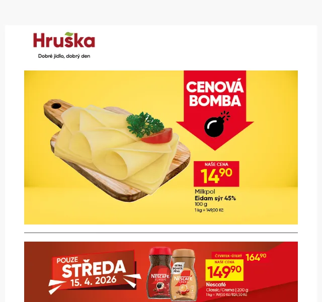 Hruška: NESCAFÉ 149,90 Kč + Eidam sýr sleva – duben 2026