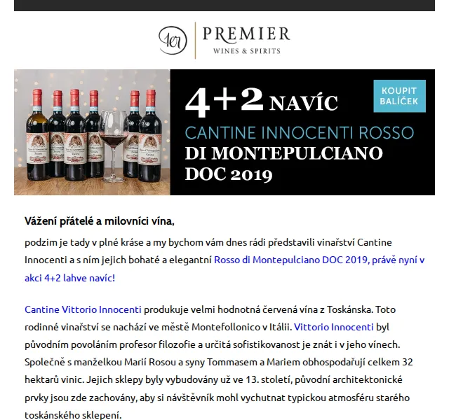 Premier Wines & Spirits: Innocenti Rosso di Montepulciano DOC 2019 4+2 – červen 2026 | Nuslet.cz