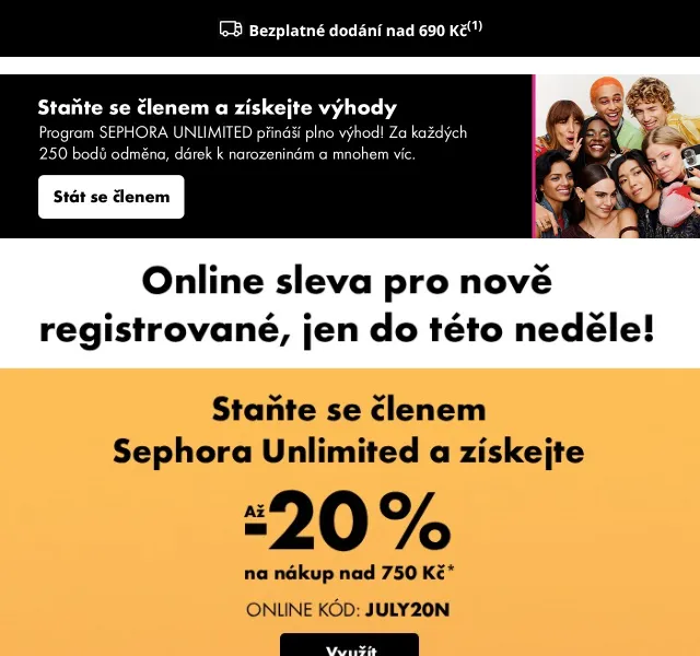 Sephora: Sleva 20 % pro nové členy + dárky – červenec 2026