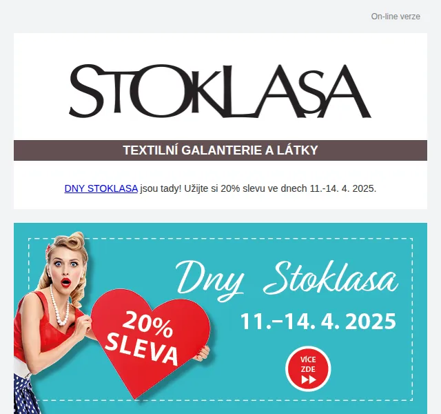 Stoklasa: Sleva 20 % na textilní galanterii – červenec 2026 | Nuslet.cz