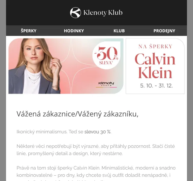 Klenoty Aurum: Calvin Klein 30 % sleva – říjen 2026