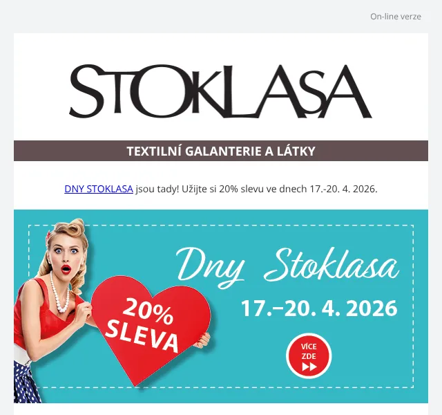 Stoklasa: Sleva 20 % na textilní galanterii – duben 2026