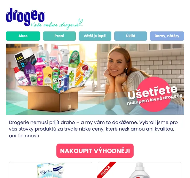 Drogeo: Levná drogerie – praní, úklid, péče – květen 2026
