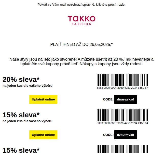 Takko Fashion: 20% sleva na jeden kus – červen 2026 | Nuslet.cz