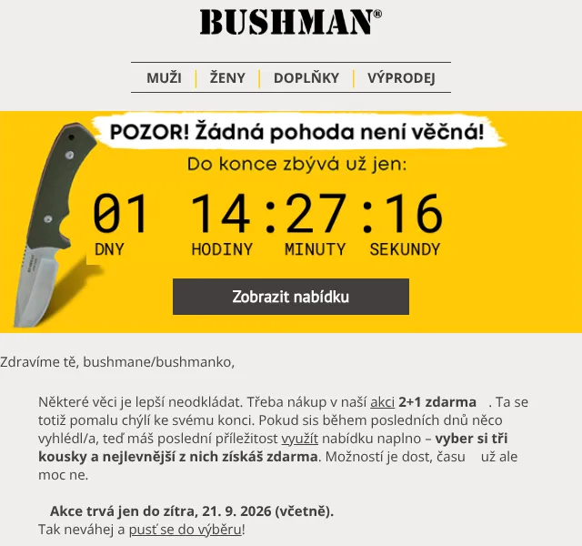 BUSHMAN: akce 2+1 zdarma – září 2026