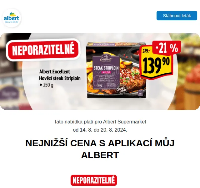 Albert: Vepřová pečeně 99,90 Kč/kg, Nutella 159 Kč – srpen 2024 | Nuslet.cz
