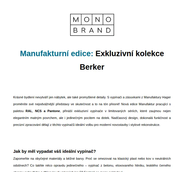 Monobrand: Exkluzivní kolekce Berker Manufaktura – červen 2026 | Nuslet.cz