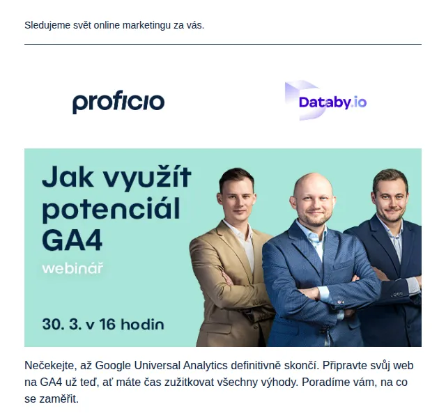 PROFICIO tým: Webinář GA4 – březen 2026 | Nuslet.cz