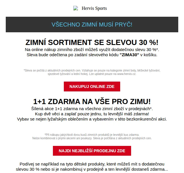 Hervis: Zimní sortiment se slevou 30 % nebo 1+1 zdarma – červen 2026 | Nuslet.cz