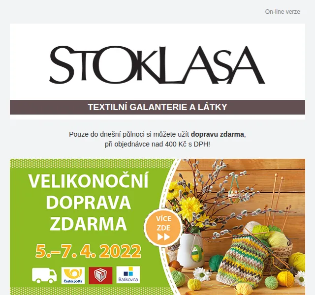 Stoklasa: Velikonoční doprava zdarma nad 400 Kč – červen 2026 | Nuslet.cz