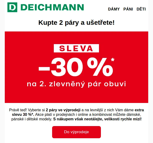 Deichmann: -30 % na 2. pár obuvi – srpen 2026 | Nuslet