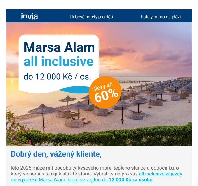 Invia: All inclusive Marsa Alam do 12 000 Kč – červen 2026