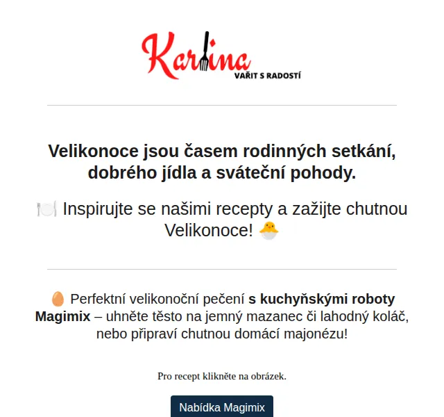 Karlina CZ: Velikonoční pečení s Magimix, Swiss Diamond a Remoska – červen 2026 | Nuslet.cz