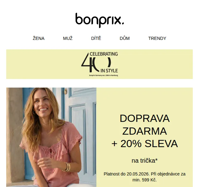 Bonprix: 20 % sleva na trička + doprava zdarma – květen 2026