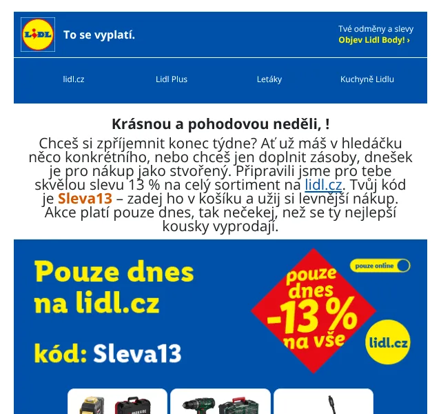 Lidl: sleva 13 % na vše – slevový kód – září 2026