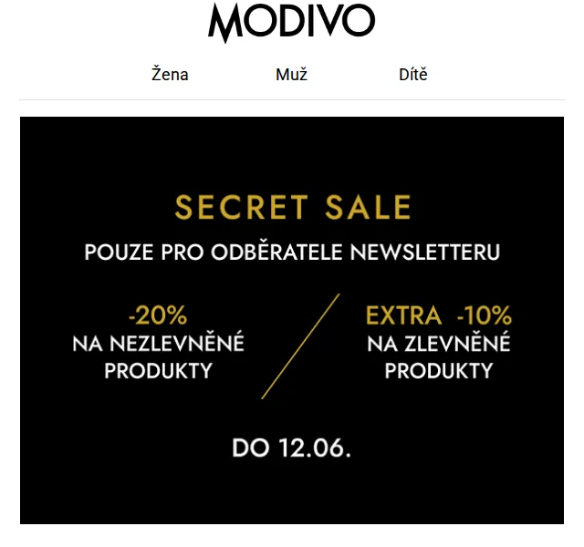 Modivo: Secret Sale –20 % + extra –10 % – červen 2026 | Nuslet.cz
