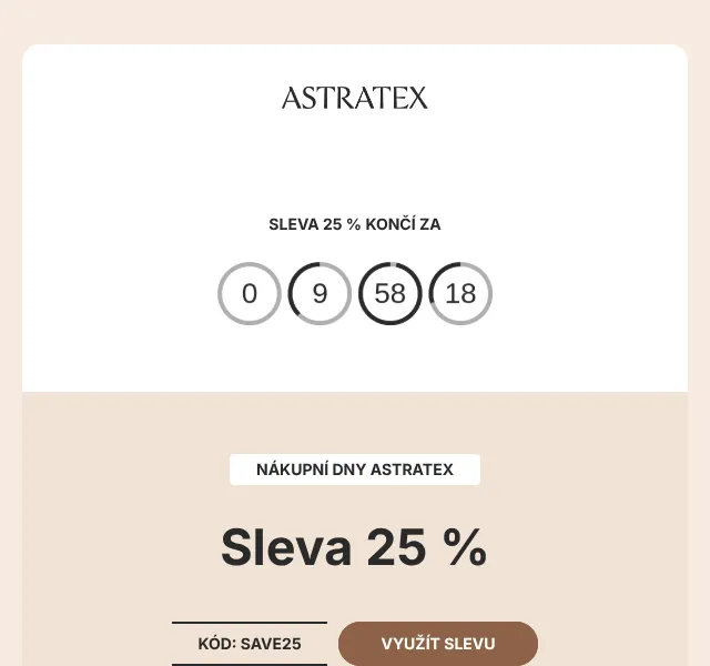 Astratex: sleva 25 % s kódem SAVE25 – září 2026