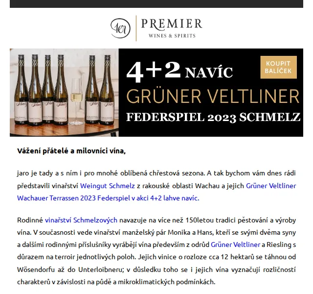 Premier Wines & Spirits: víno Grüner Veltliner 4+2 lahve – červen 2026 | Nuslet.cz