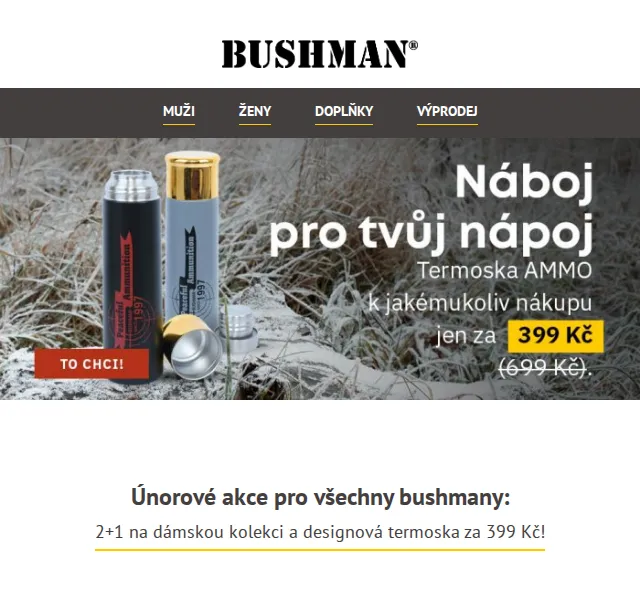 BUSHMAN: 2+1 na dámskou kolekci a termoska AMMO za 399 Kč – červenec 2026 | Nuslet.cz