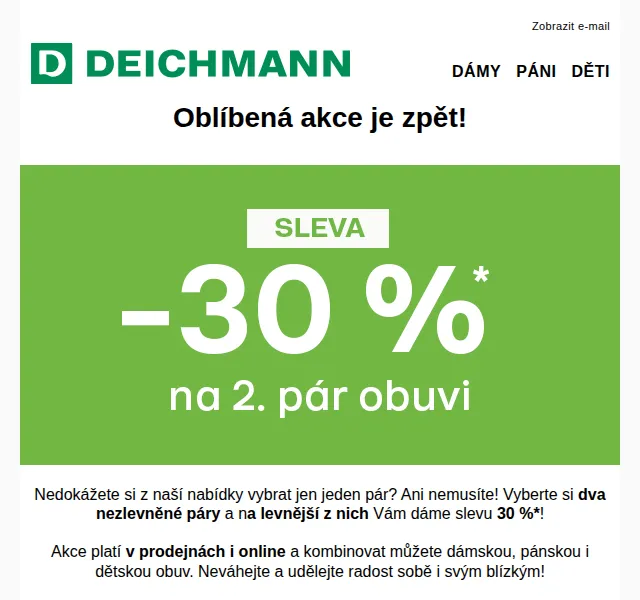 Deichmann: sleva 30 % na 2. pár obuvi – březen 2026