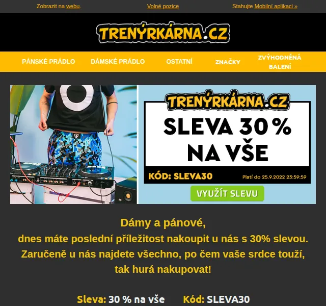 Trenýrkárna.cz: Sleva 30 % na vše – červen 2026 | Nuslet.cz