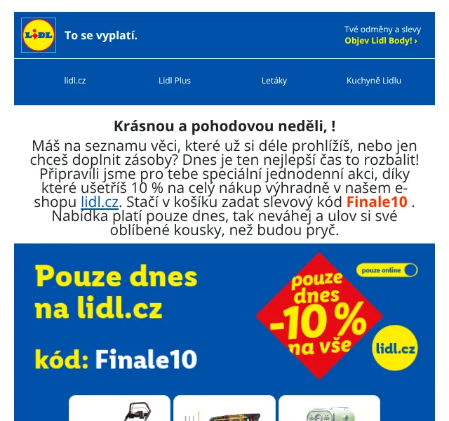 Lidl: slevový kód Finale10 – 10 % na vše – srpen 2026