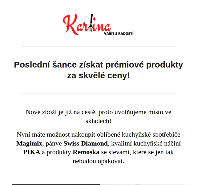 Karlina CZ: Výprodej skladů Magimix, Swiss Diamond, Remoska – červen 2026 | Nuslet.cz