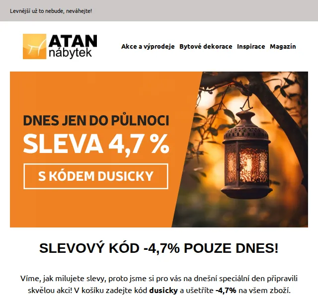 ATAN nábytek: Sleva 4,7 % na vše – červen 2026 | Nuslet.cz