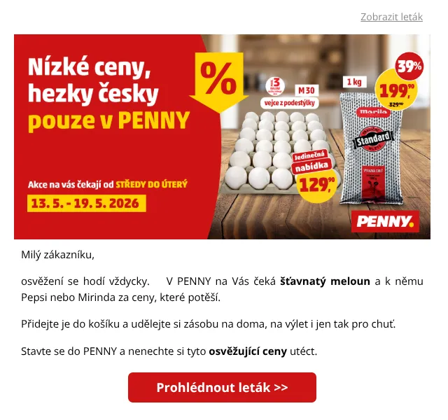 Penny: Vodní meloun 39,90 Kč, slevy na nápoje – květen 2026