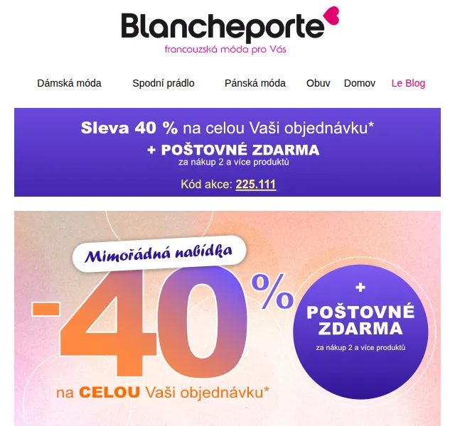 Blancheporte: -40 % od 2 ks + doprava zdarma – červen 2026 | Nuslet.cz