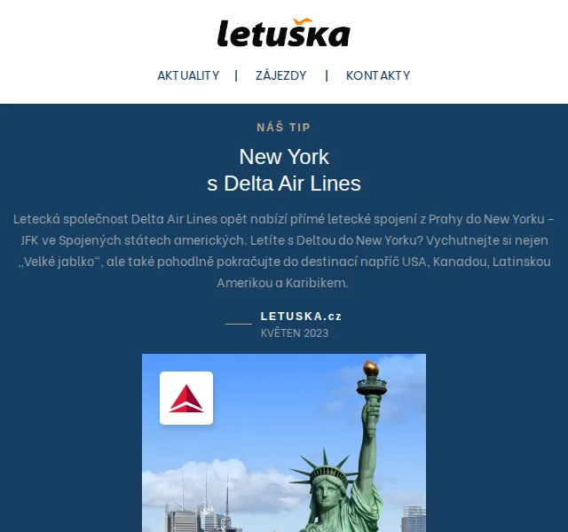 Letuška.cz: New York s Delta Air Lines – zájezdy a angličtina v Liverpoolu – červen 2026 | Nuslet.cz