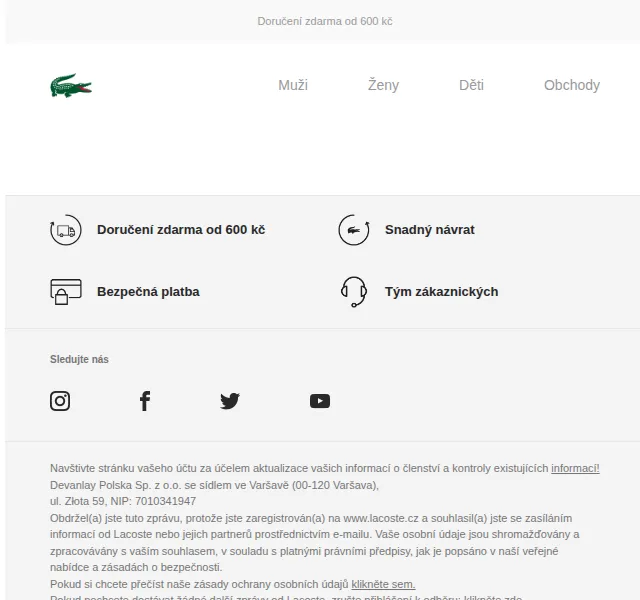 LACOSTE: Doprava zdarma od 600 Kč – červen 2026 | Nuslet.cz