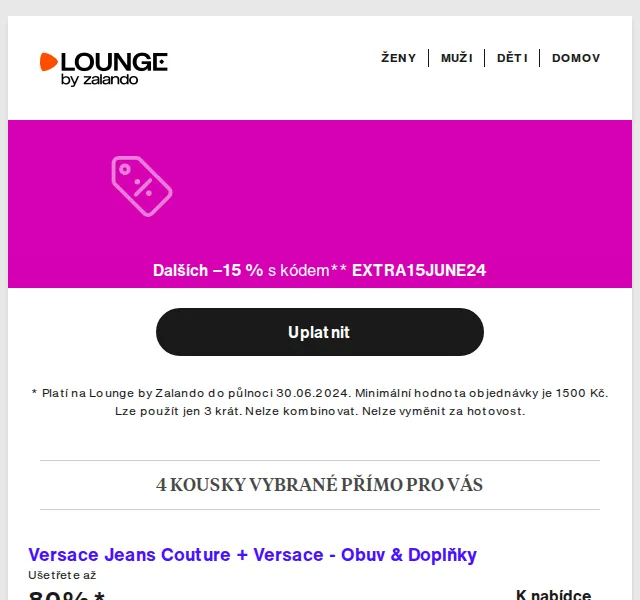Lounge by Zalando: Versace, Love Moschino & Reebok – extra 15% sleva! | červen 2026 | Nuslet.cz