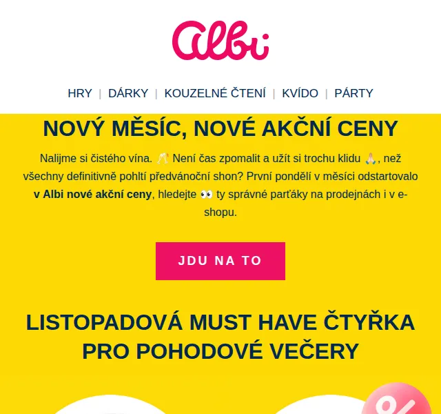 Albi: Listopadové akce až 57 % – hry, sklenice, fotoalba | listopad 2026 | Nuslet.cz