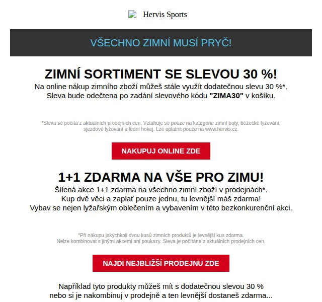 Hervis: Zimní sortiment se slevou 30 % nebo akce 1+1 zdarma – červen 2026 | Nuslet.cz