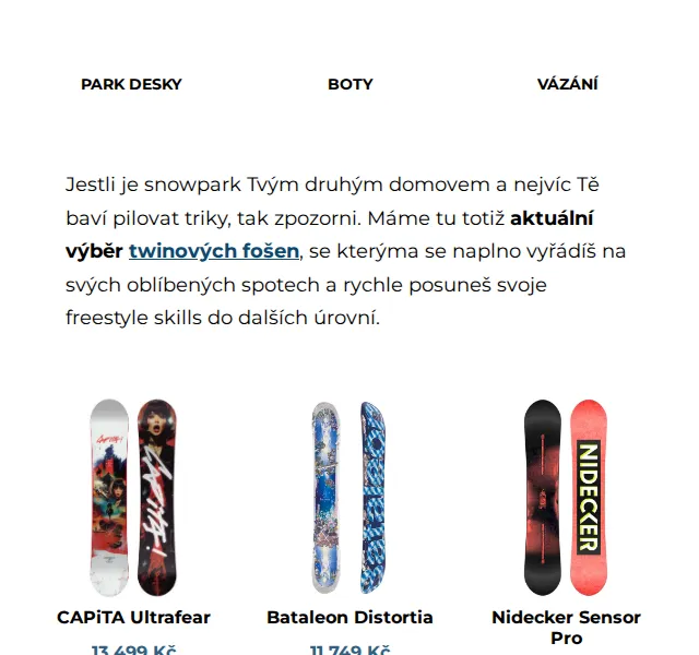 SNOWBOARD ZEZULA: Freestyle gear s slevami až -20 % – duben 2026