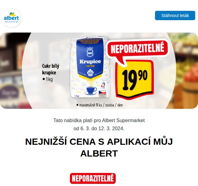 Albert: Cukr krupice za 19,90 Kč, krůtí prsní řízek za 129,90 Kč – březen 2024 | Nuslet.cz