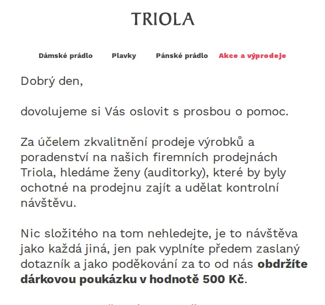 Triola: Pomozte nám jako auditorka a získejte 500 Kč – červen 2026 | Nuslet.cz