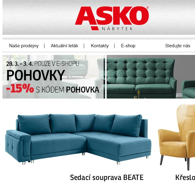 Asko Nábytek: Stylové pohovky s 15% slevou – červen 2026 | Nuslet.cz