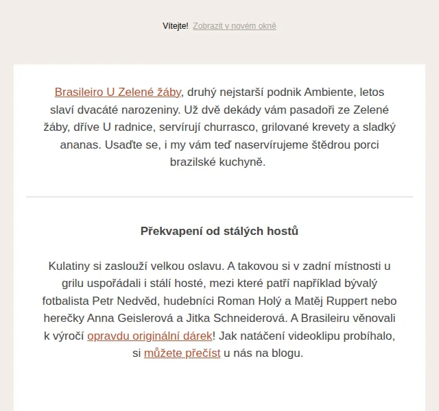 Jídlo a radost: Oslava 20 let Brasileira – červen 2026 | Nuslet.cz