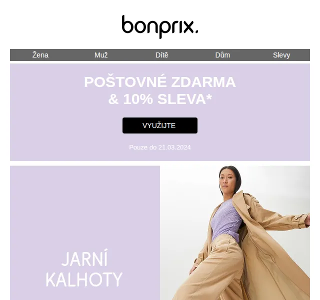 bonprix: Jarní kalhoty s poštovným zdarma a 10% slevou – červen 2026 | Nuslet.cz
