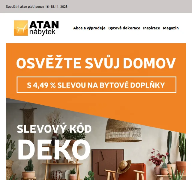 ATAN nábytek: Slevový kód -4,49% na bytové doplňky a dekorace – červenec 2026 | Nuslet.cz