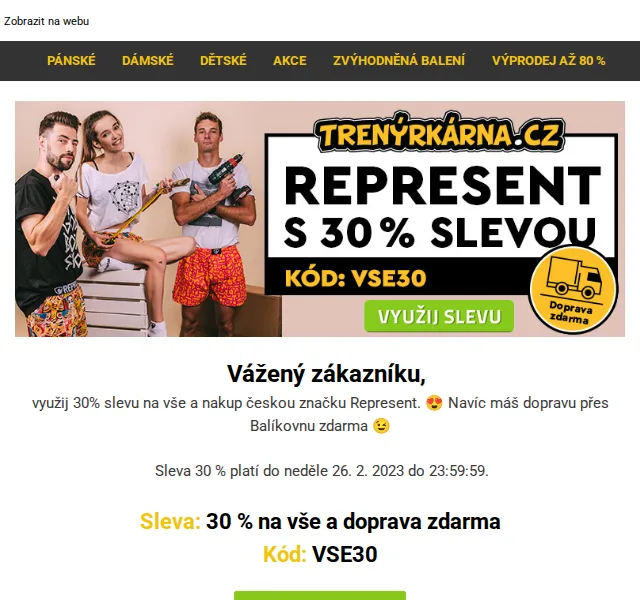 Trenýrkárna: Represent 30% sleva na vše – červen 2026 | Nuslet.cz